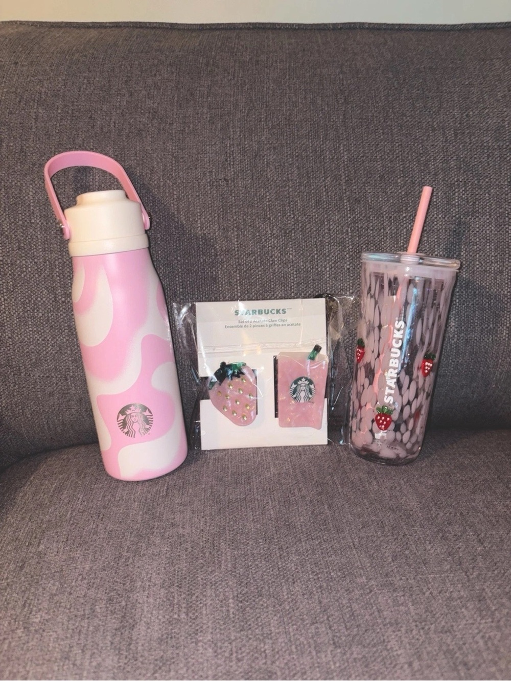 3PC Starbucks Pink Vibes Bundle! Glass Tumbler, Insulated Bottle, & Hair Clips!